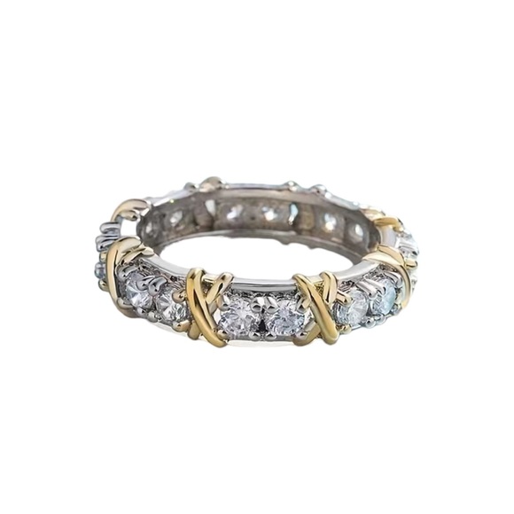 Two Tone Gold and Silver Crisscross Ring with Rhinestones - Picture 1 of 6